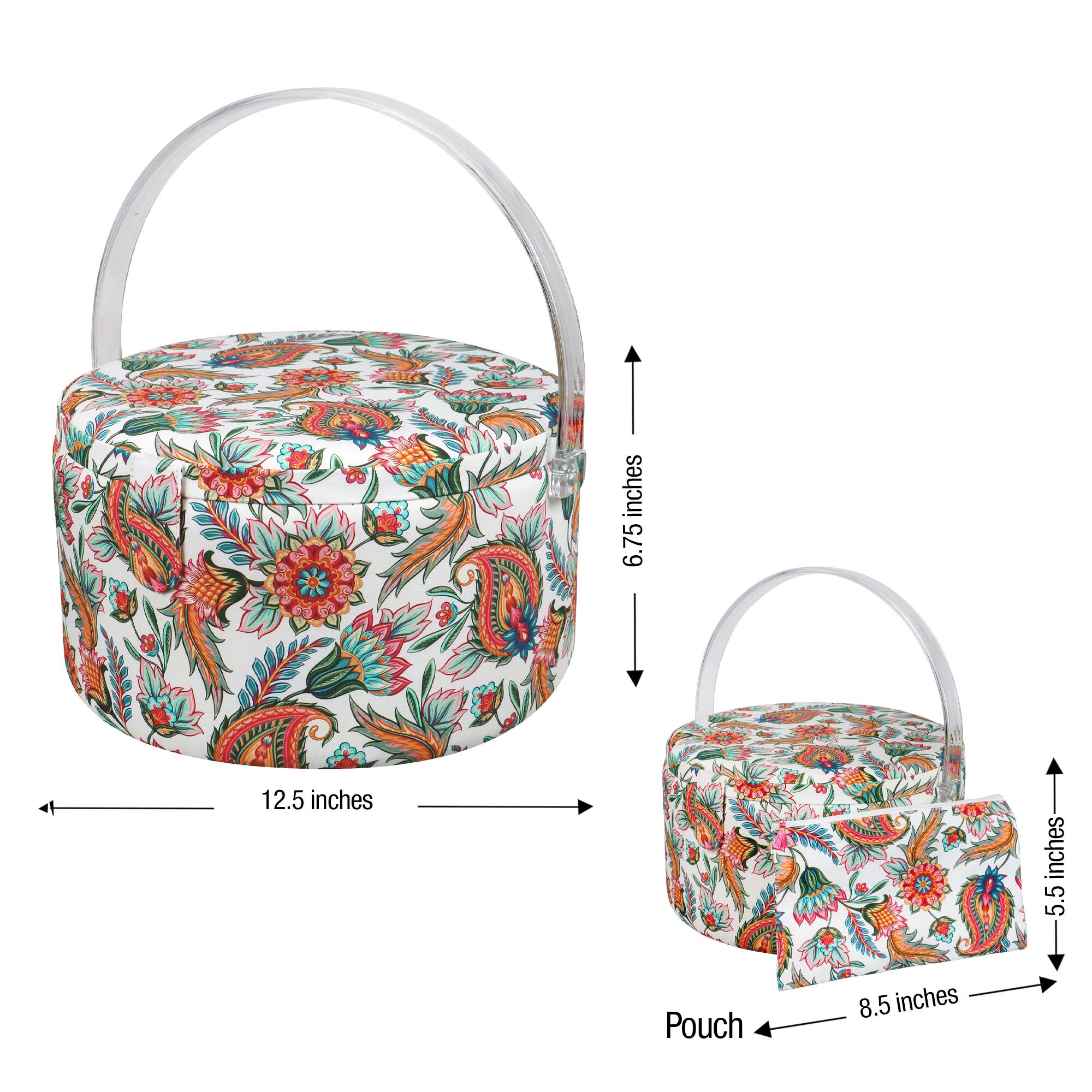 SINGER® Large Paisley Floral Print Premium Round Sewing Basket with Matching Zipper Pouch